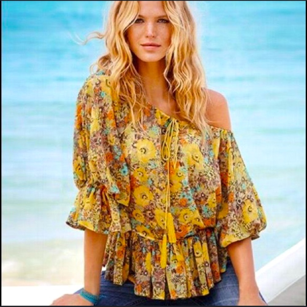 EUC: MODA INTERNATIONAL (Victoria’s Secret) Sheer Floral Peasant Bohemian Blouse